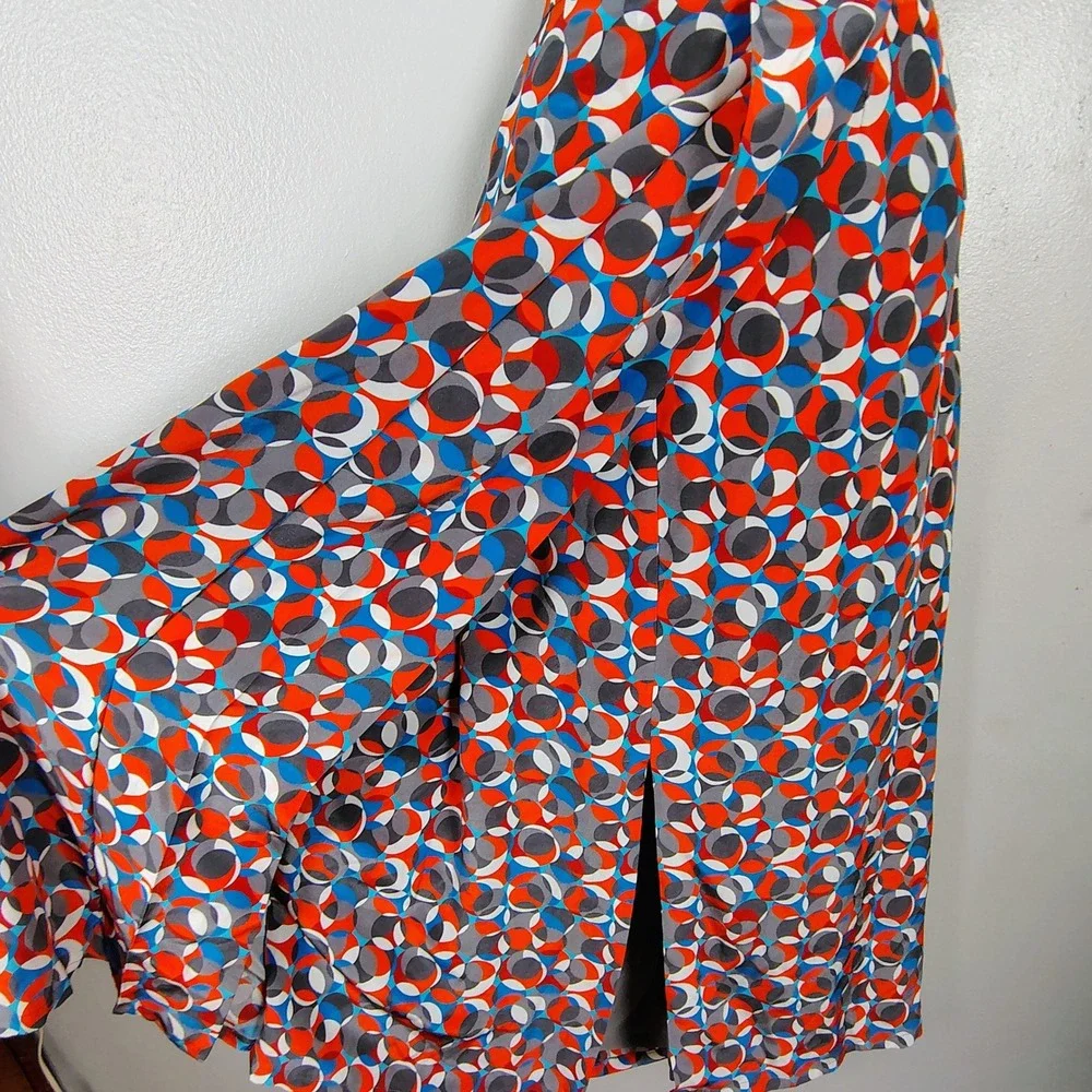 Silk Geometric Circle Print Maxi Skirt Red Blue Grey Size 10 Wrap Front Slit - Picture 5 of 13